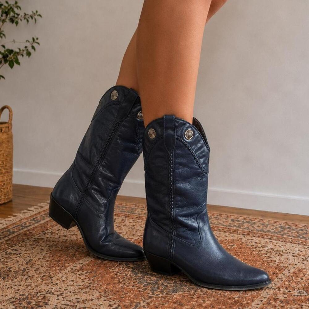 Vintage 90s Laredo Navy Leather Cowboy Boots Made in USA Western Concho Size 7.5